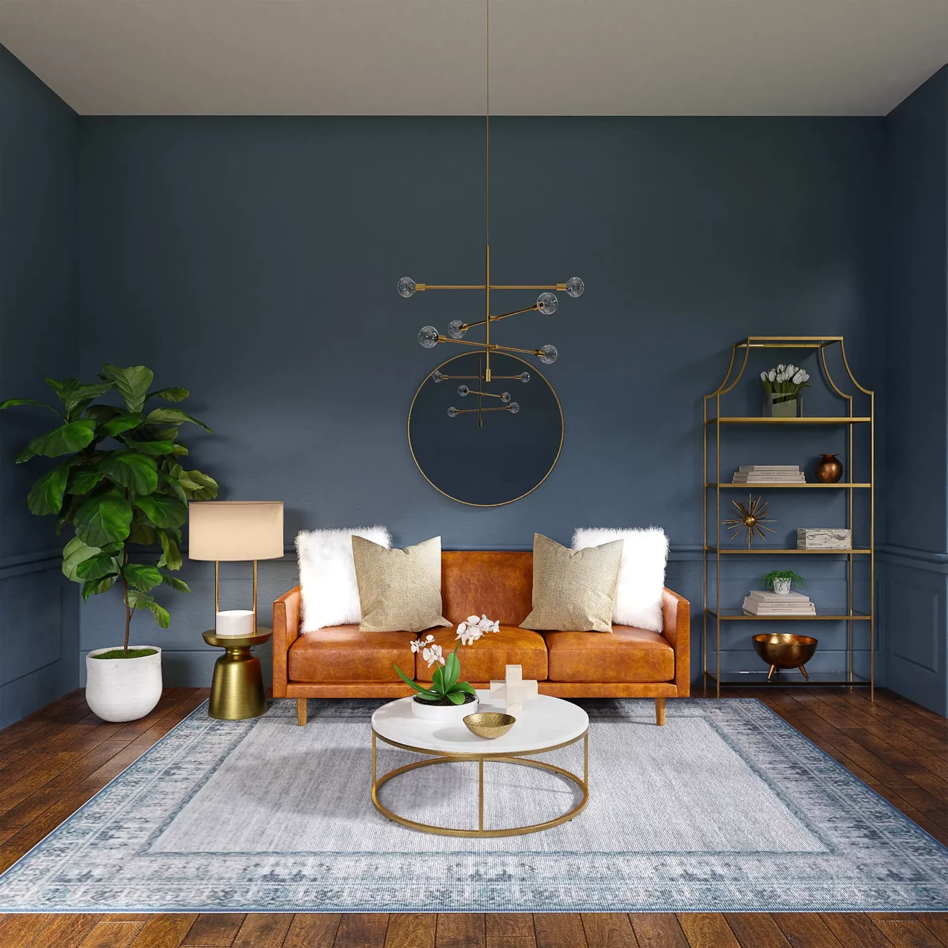 Living room styled in navy and brass tones